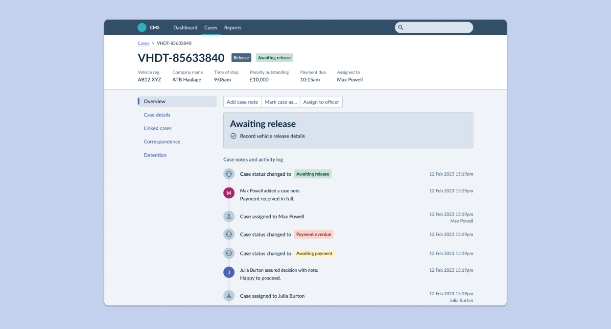 A screenshot of a Case Management System showing the Case Overview screen.