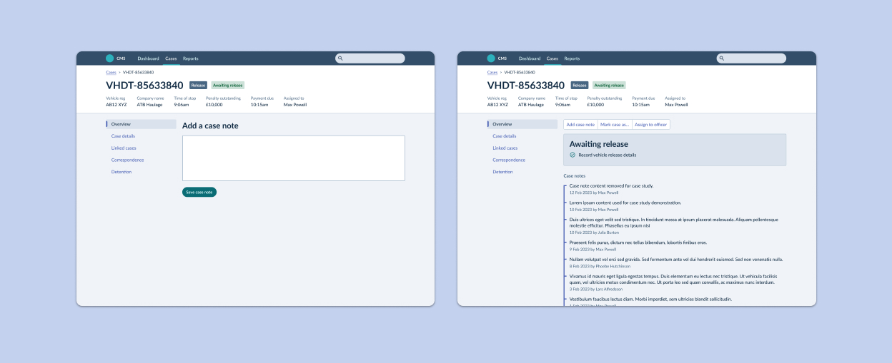 Two screenshots from a Case Management System, 1 with a form to add a case note, another that displays case notes on a timeline.