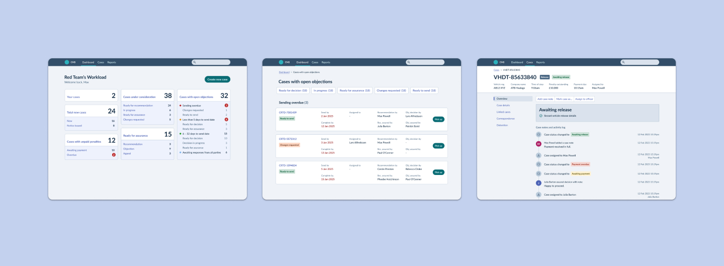 3 desktop screenshots from a Case Management System