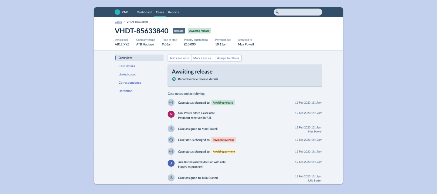 A screenshot of a Case Management System showing the Case Overview screen.
