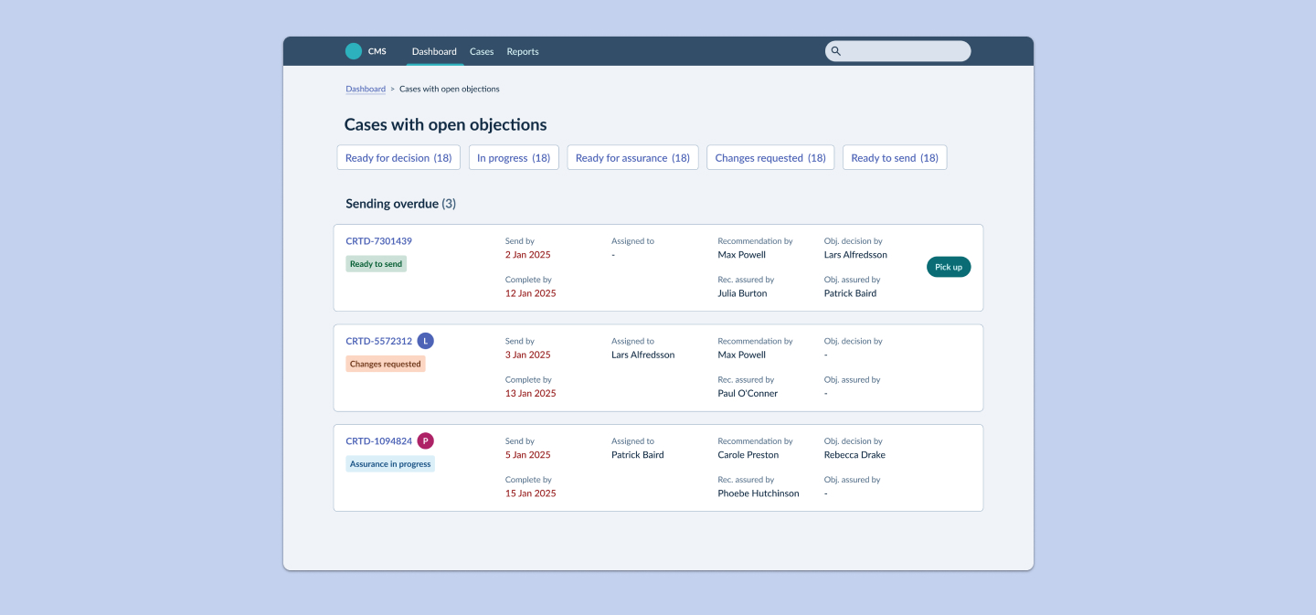 2 desktop screenshots showing views from a Case Management System