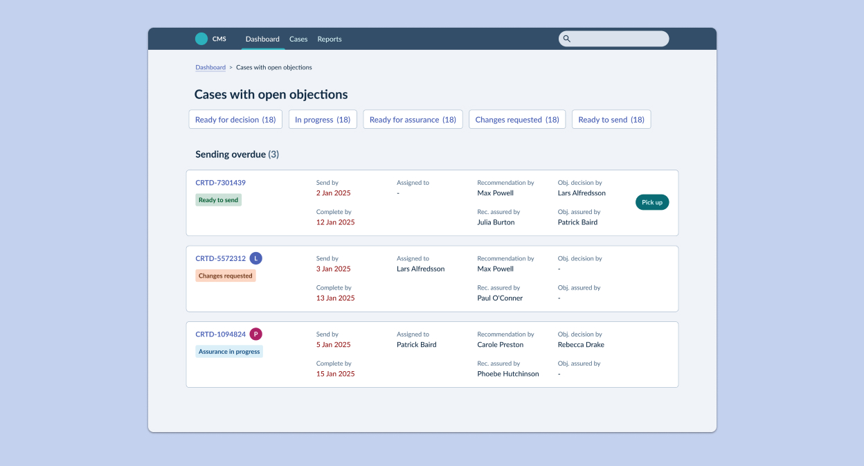 Screenshot of a Case Management System showing a Case Listing screen