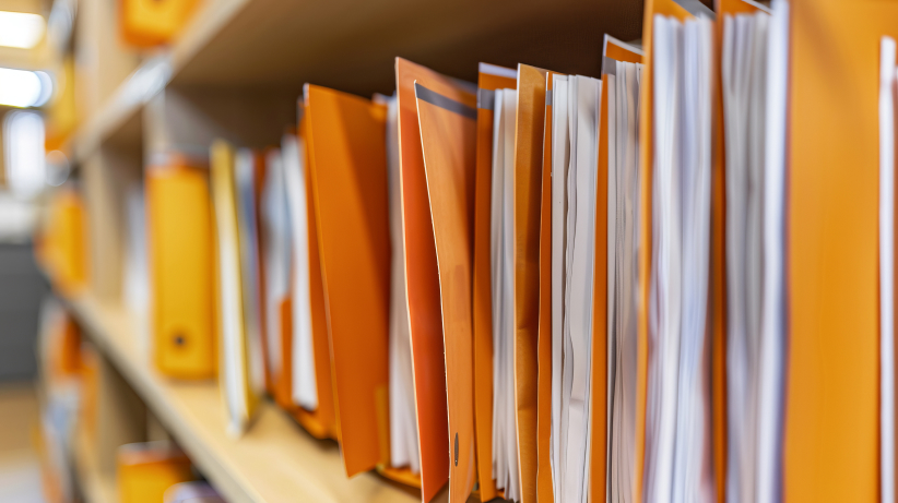 A stack of paper files on an office desk, a woman writes a sticky note on the top file.